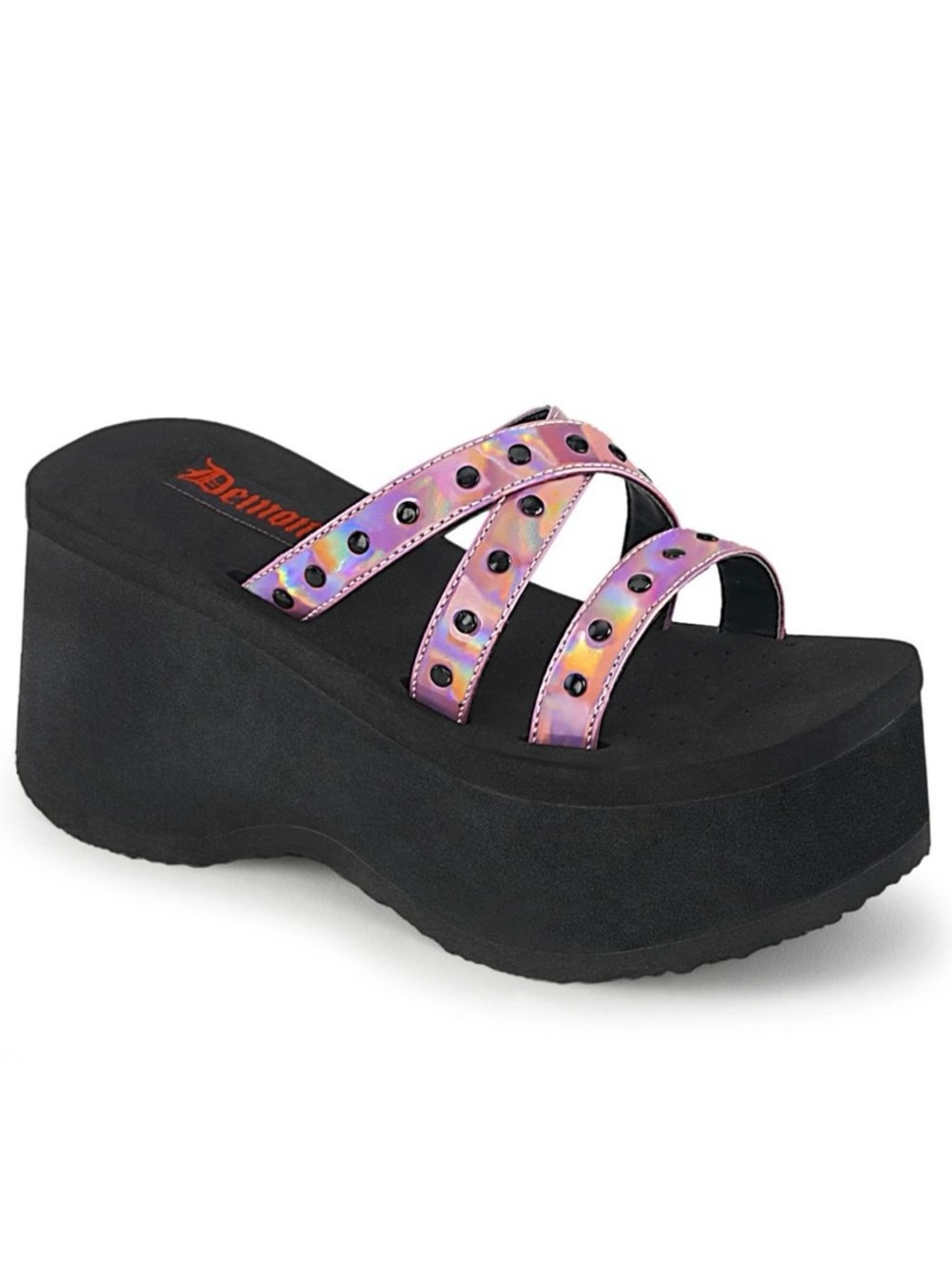 Demonia Pink Holographic Studded Platform Slide
